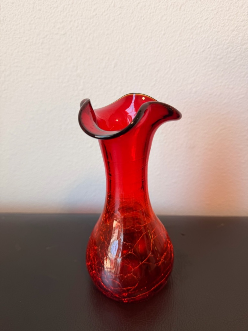 Vintage Red Crackle Glass Bud Vase with Flared Rim 6 3/4”